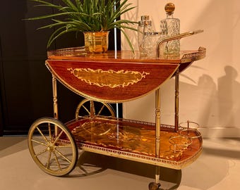 Vintage Italian Inlaid Bar Cart | Drop Leaf Cocktail Trolley | Hollywood Regency Drinks Cart | Brass Serving Cart | Mid century bar cart