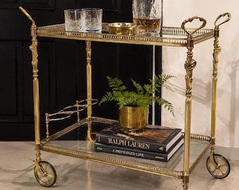 French Neoclassical Brass Bar Cart Vintage Drinks Trolley With Glass Shelves Hollywood Regency Serving Cart Beverage Trolley