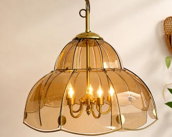 Vintage Smoked Glass Pendant Light | Hollywood Regency Chandelier | Mid Century Modern Hanging Lamp | Brass Ceiling Light | 5 light fixtures