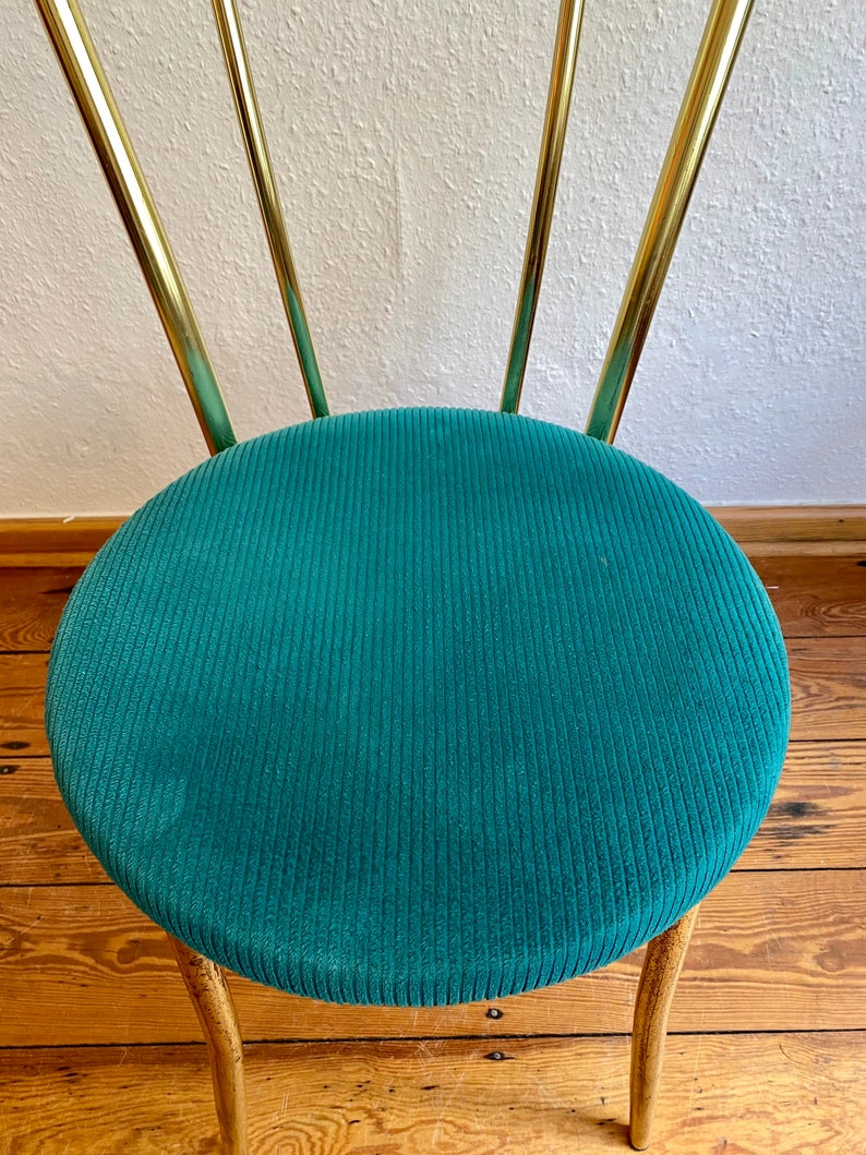 Set of 2 Golden chair and stool with a turquoise fabric cushion. image 8