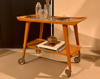 イタリア ヴィンテージ バーカート トローリー SOLD, Birks Italian Bar Cart, Vintage, MCM, Marquetry, Wood, Brass