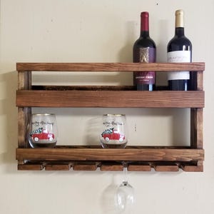 Rustic Wood Wall-Mounted Wine Rack with Glass Holder | Handcrafted Farmhouse Bar Shelf