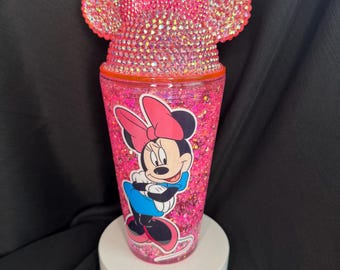 Pink Mouse Girl snowglobe tumbler with bling lid