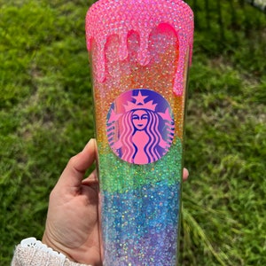 Rainbow rhinestone filled tumbler with drip