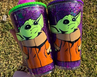 Purple Alien Baby glow in the dark Snowglobe tumbler 16oz