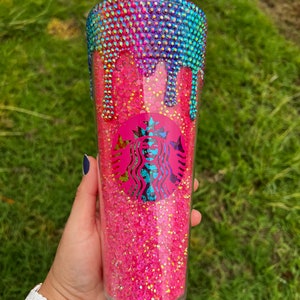 Rainbow leopard print pink rhinestone filled tumbler