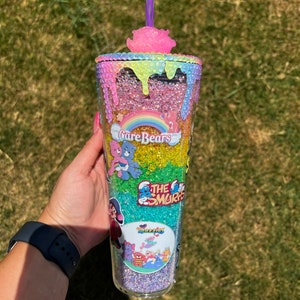 80’s cartoon custom rhinestone filled rainbow tumbler with rainbow bling drip