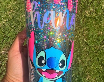 Vaso Ohana Glow in the Dark Snowglobe de 24 oz con tapa brillante ROSA y antigoteo