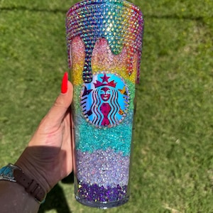 Double Rainbow rhinestone drip with rainbow filled tumbler