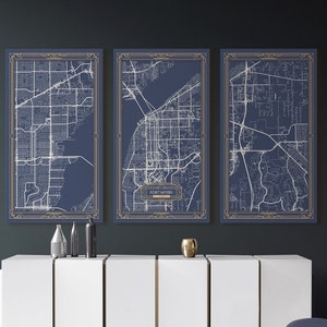 PUEBLO CO Canvas Map Print Colorado Art Deco Stretched Map Wall Art 3 Panels Ready to Hang Home Decor Large Oversized Gray Blue