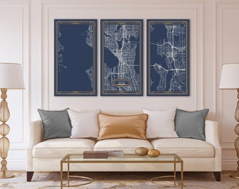 BEllINGHAM WA Canvas Map Print Washington Art Deco Stretched Map Wall Art 3 Panels Ready to Hang Home Decor Large Oversized Gray Navy Blue