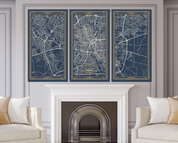 San Antonio Texas Map Art Deco Stretched Canvas Print Map Wall Etsy