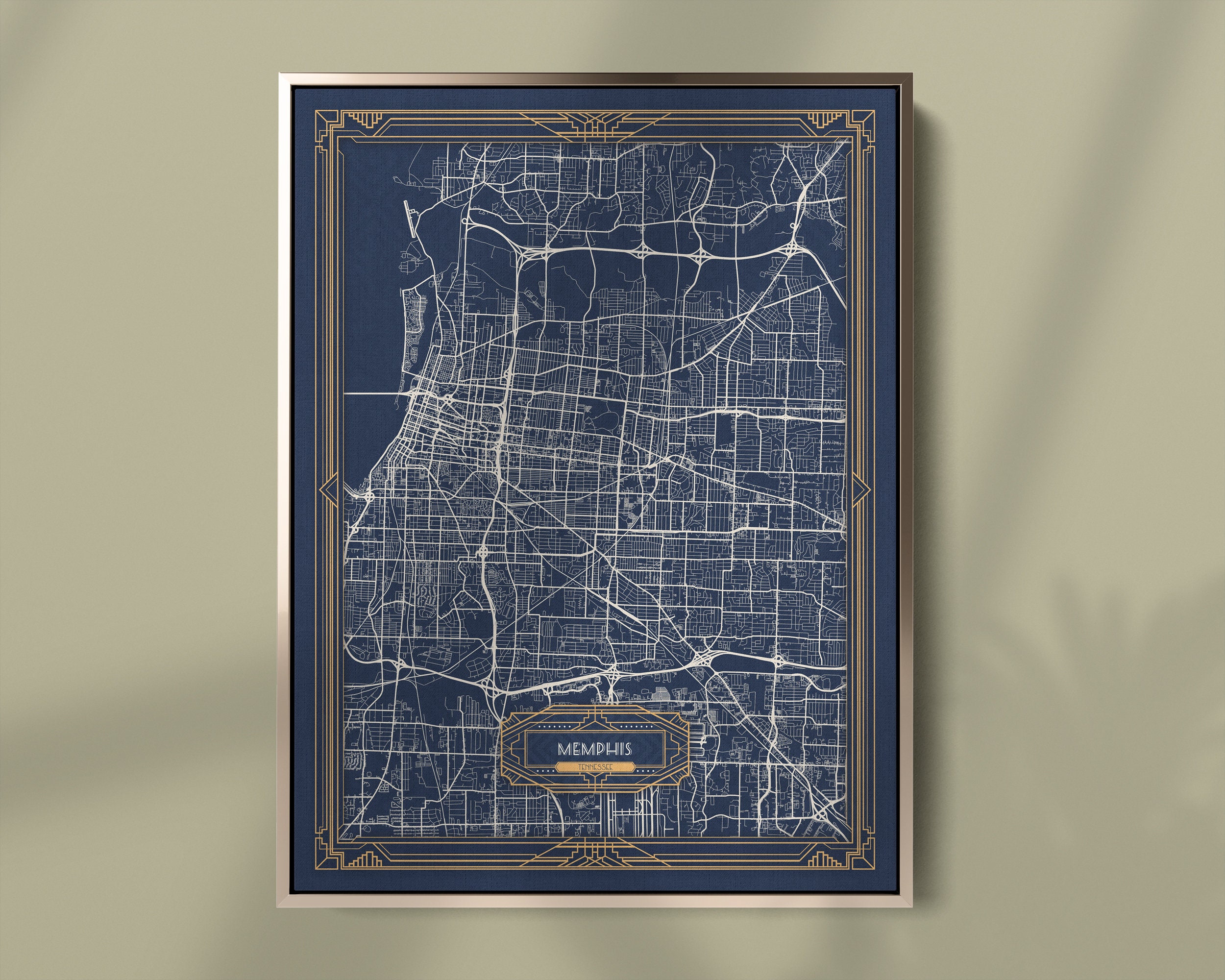 MEMPHIS TN Framed Canvas Map Print Tennessee Art Deco Floating Etsy