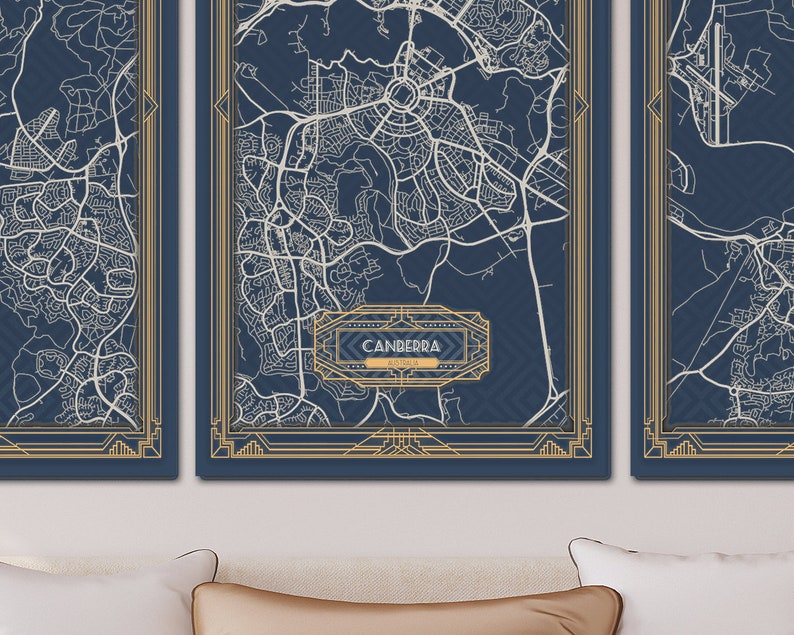 CANBERRA Australia Canvas Map Print Art Deco Stretched Map Etsy
