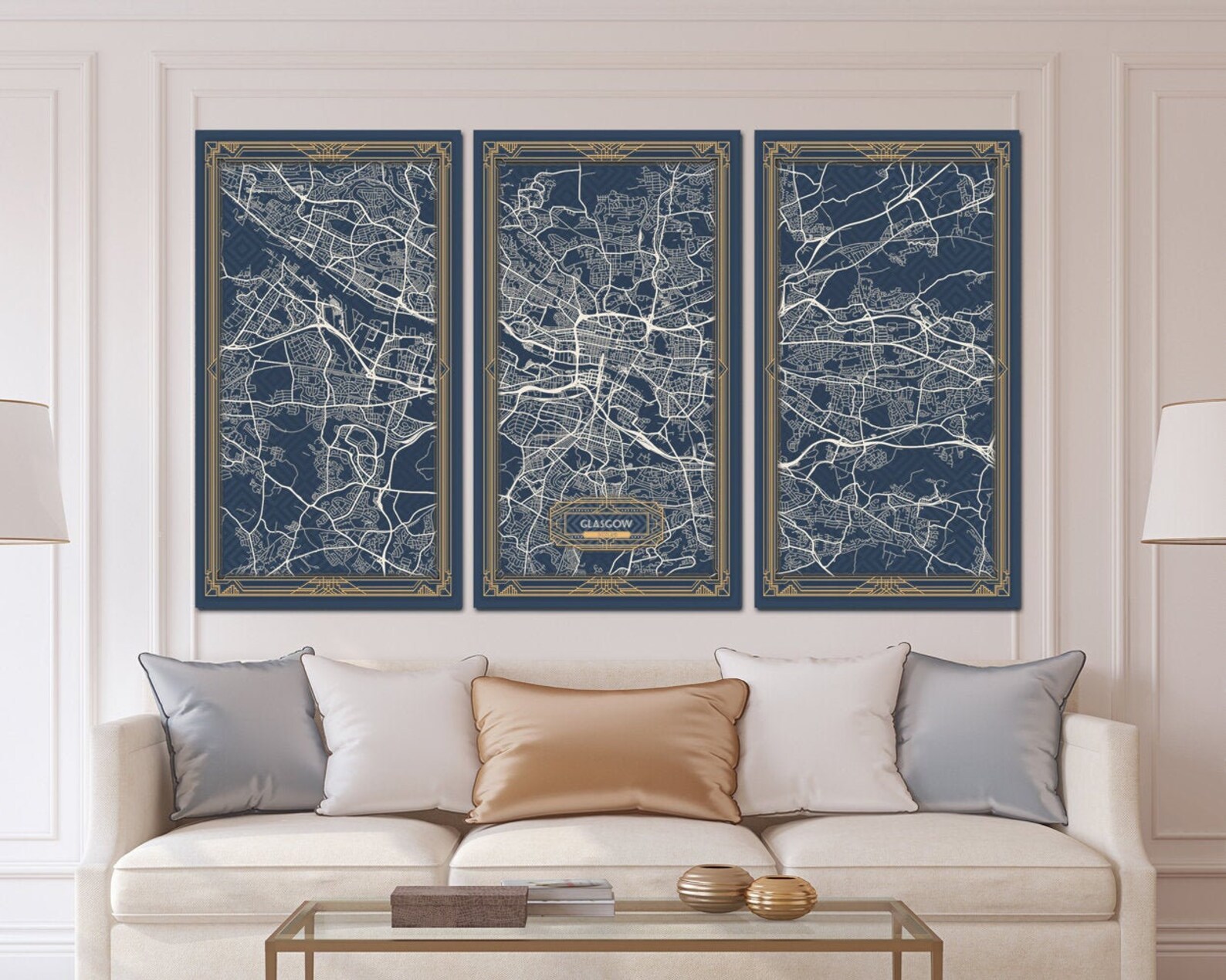 GLASGOW Scotland Canvas Map Print Art Deco Stretched Map Wall Etsy
