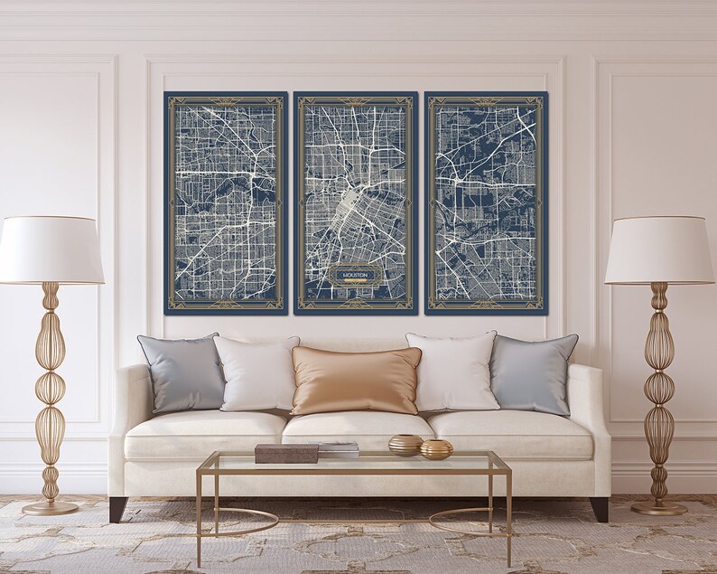 HOUSTON TX Texas Canvas Map Print Art Deco Extra Large Map Etsy