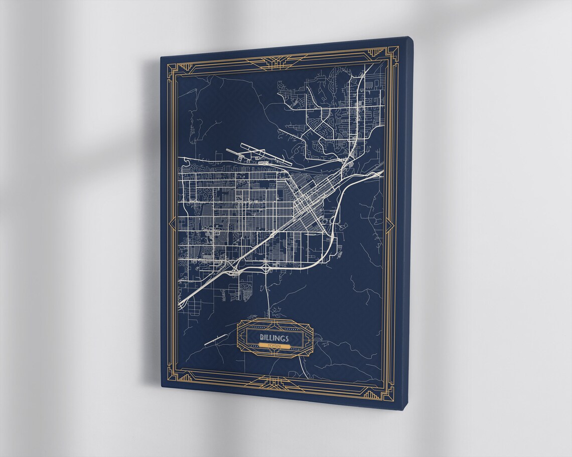 BILLINGS MT Framed Canvas Map Print Montana Art Deco Floating Etsy