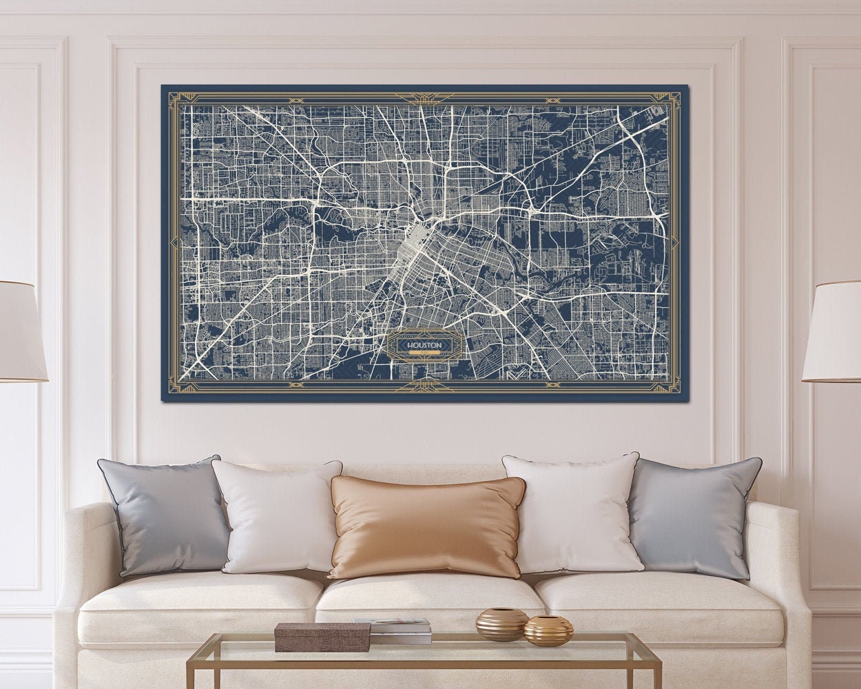 HOUSTON TX Texas Canvas Map Print Art Deco Extra Large Map Etsy