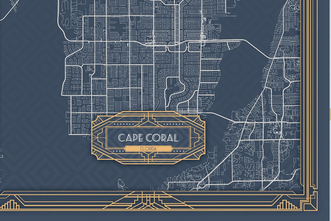 CAPE CORAL FL Florida Canvas Map Print Art Deco Style Large Etsy