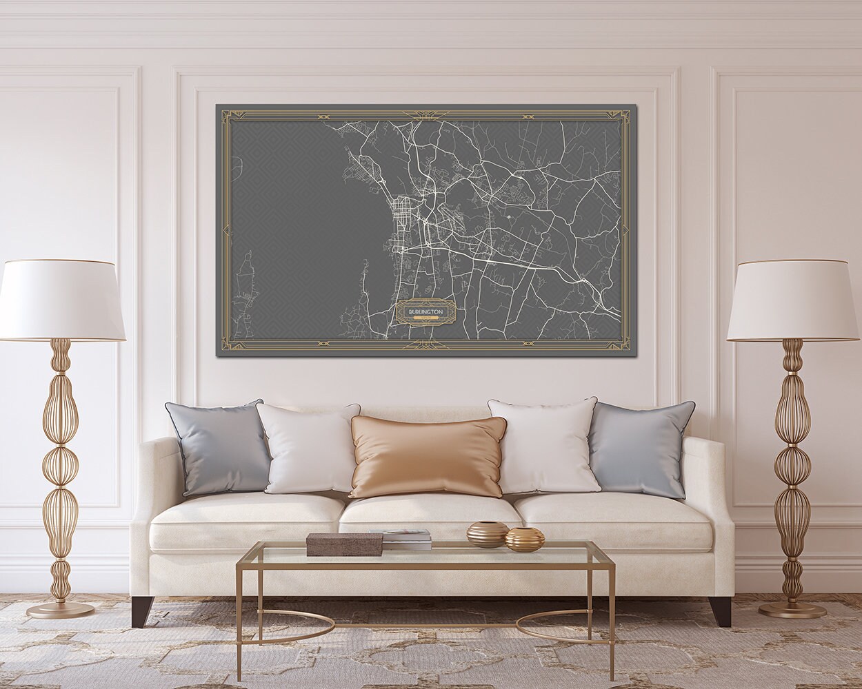 BURLINGTON VT Canvas Map Print Vermont Art Deco Extra Large Etsy