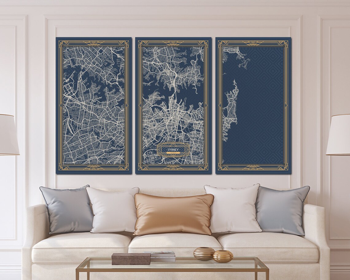 SYDNEY Australia Canvas Map Print Art Deco Stretched Map Wall Etsy