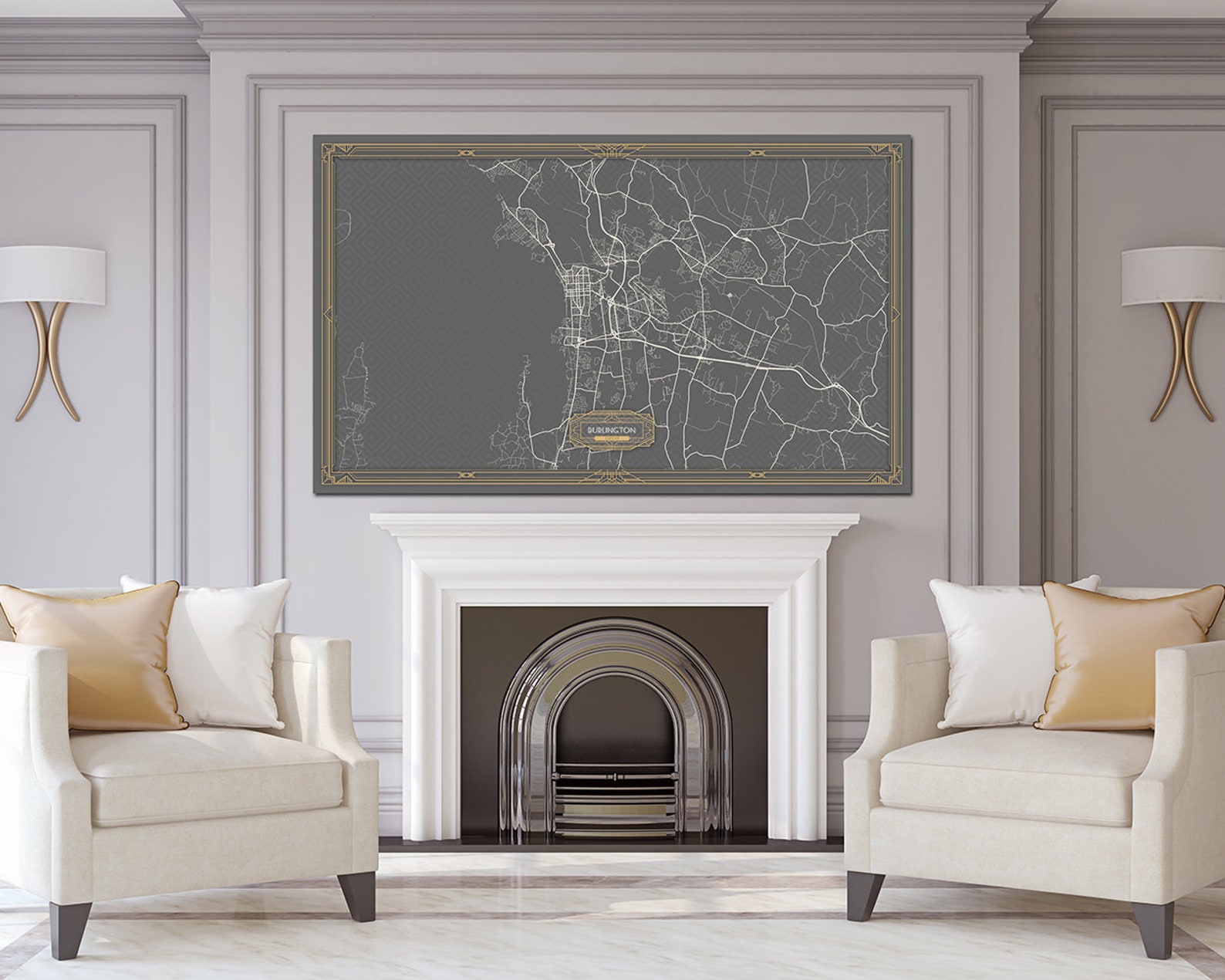 BURLINGTON VT Canvas Map Print Vermont Art Deco Extra Large Etsy