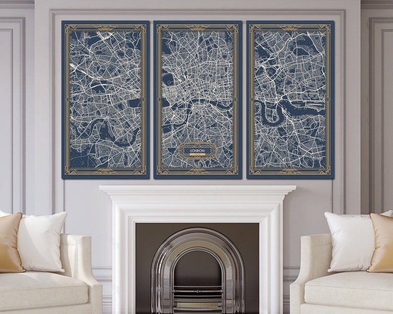 London England Uk Canvas Map Print Art Deco Stretched Map Wall Etsy