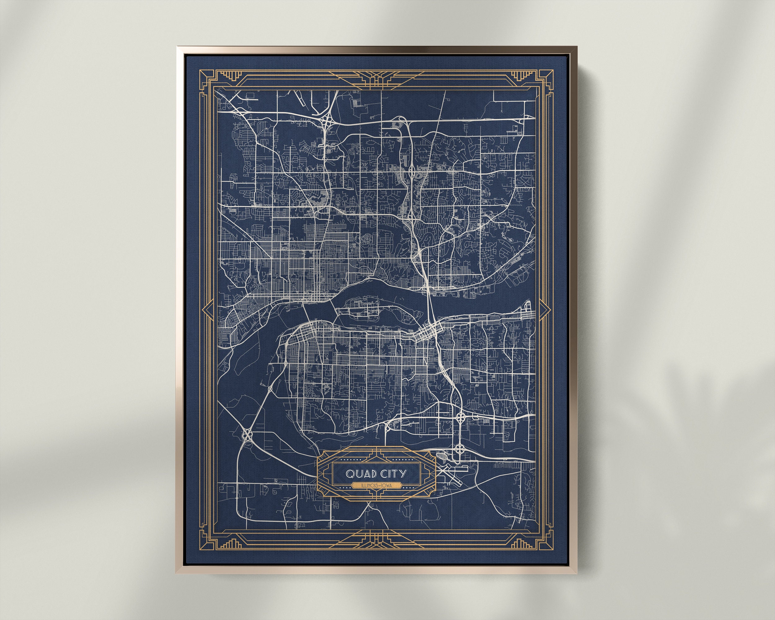 Quad City IA IL Framed Canvas Map Print Davenport Rock Island