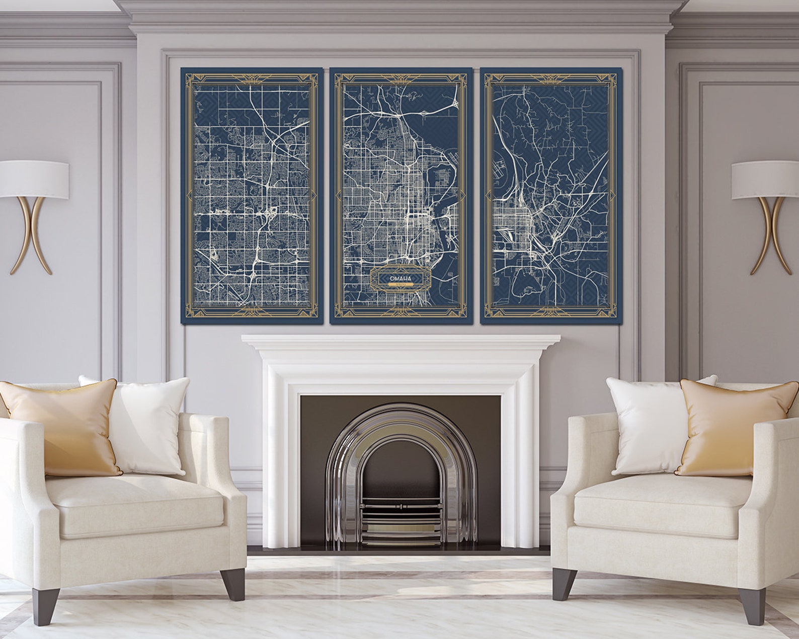 OMAHA NE Nebraska Canvas Map Print Art Deco Stretched Map Wall Etsy