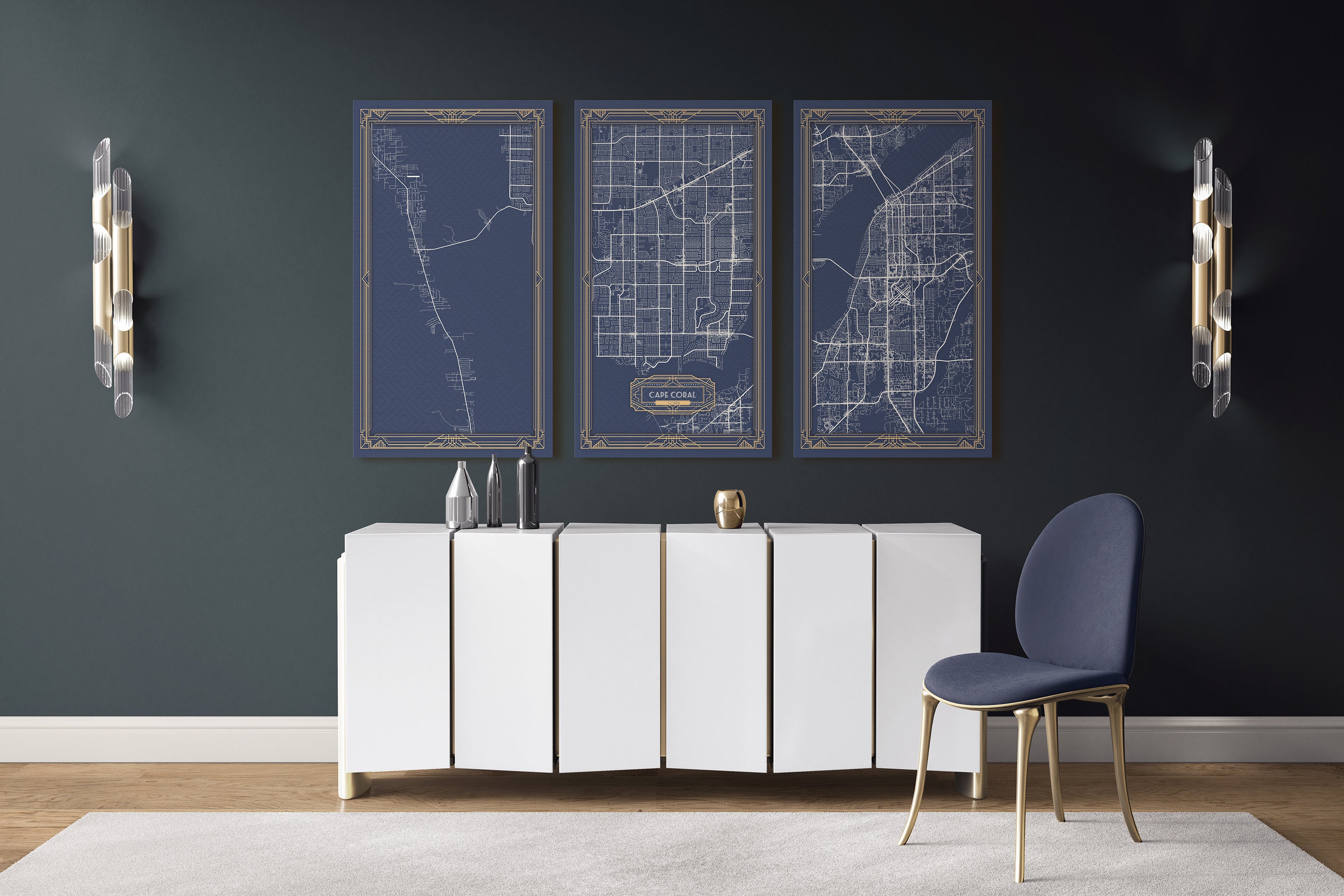 CAPE CORAl FL Canvas Map Print Florida Art Deco Stretched Map Etsy