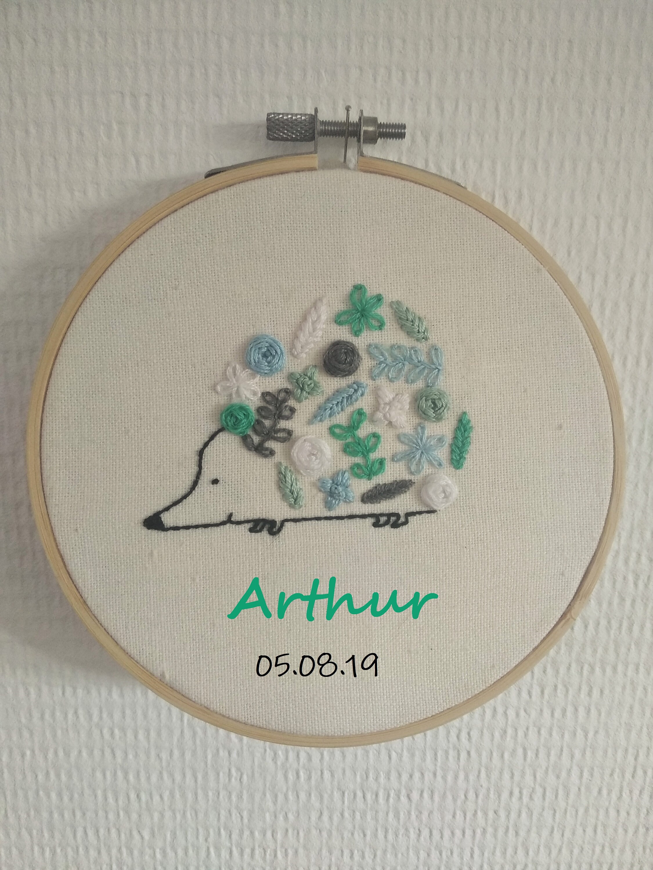 Tambour Brodé à La Main - Hérisson Fleuri, Cadeau de Naissance, Handmade Embroidery Hoop Art Birth G