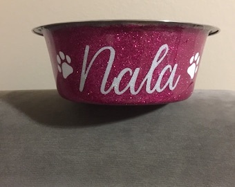 Do you have a glamorous pet? This is a must have pet bowl. Three sizes to choose from. Bowl is resin coated so the name won't peel!