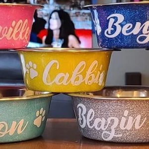 Do you have a glamorous pet? This is a must have pet bowl. Three sizes to choose from. Bowl is resin coated so the name won't peel!