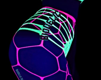 Glow in the Dark Festival Set Green and Pink Neon Bright Top and Bottoms, wide pothole Tights for Raves & Blacklight Parties