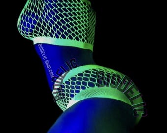 Neon Yellow UV Reactive Fishnet Set – Mesh Top and Thong Rave Outfit, Festival Clothing, Glow in the Dark Leotard, Clubwear Lingerie Catsuit