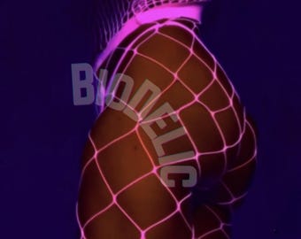 PINK UV Reactive Fishnet Tights Neon Pantyhose Bright Lingerie for Photoshoots, Raves, Festivals & Blacklight Parties. Rave Clothes