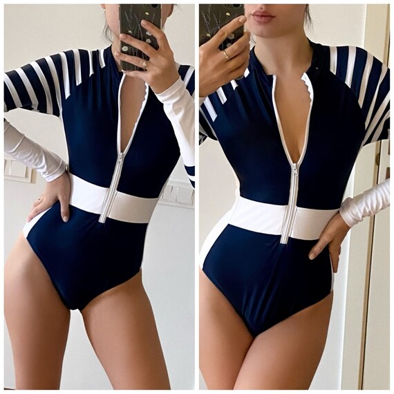 Cute One Piece Swimsuit Long Sleeve Printed Female Bathing Etsy