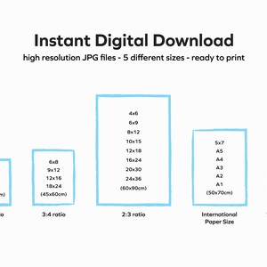 Op de afbeelding: Witte afbeelding met tekst "Instant Digital Download" en maatopties voor afdrukken, waaronder 4x5, 8x10, 16x20 inch (40x50cm) en meer. De afbeelding toont verschillende beeldverhoudingen en internationale papierformaten.