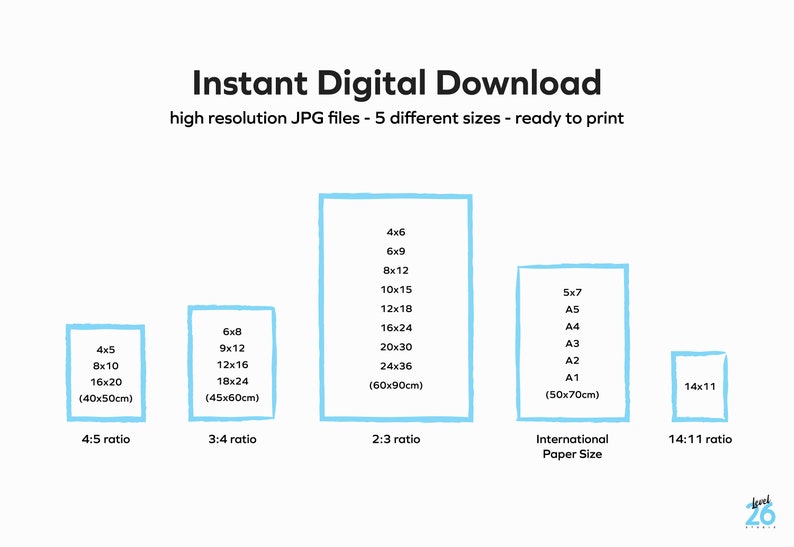 Op de afbeelding: Witte afbeelding met tekst "Instant Digital Download" en maatopties voor afdrukken, waaronder 4x5, 8x10, 16x20 inch (40x50cm) en meer. De afbeelding toont verschillende beeldverhoudingen en internationale papierformaten.