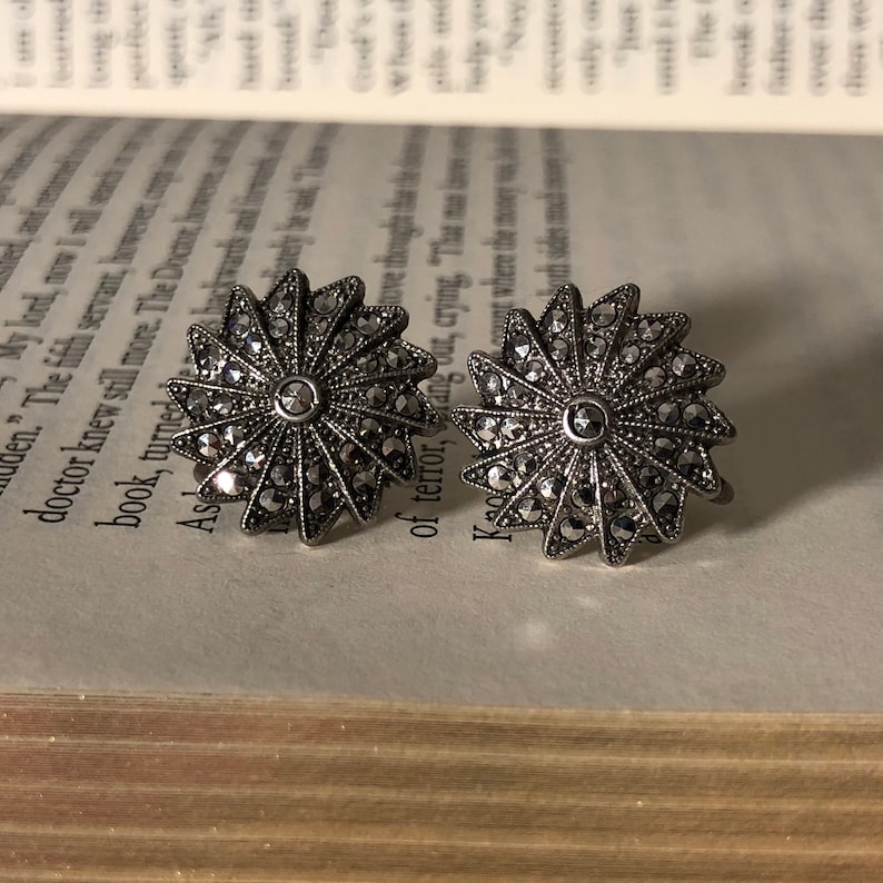 Art Deco Marcasite Pinwheel Earrings Sterling Silver Screw Back