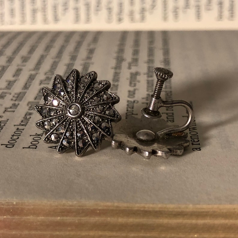 Art Deco Marcasite Pinwheel Earrings Sterling Silver Screw Back