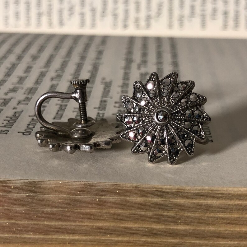 Art Deco Marcasite Pinwheel Earrings Sterling Silver Screw Back