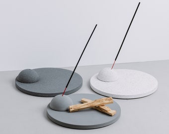 Concrete Incense Holder | White / Graphite / Grey Modern Round Incense Burner | Minimal Design Incense with Tray | Jesmonite Plate Dish