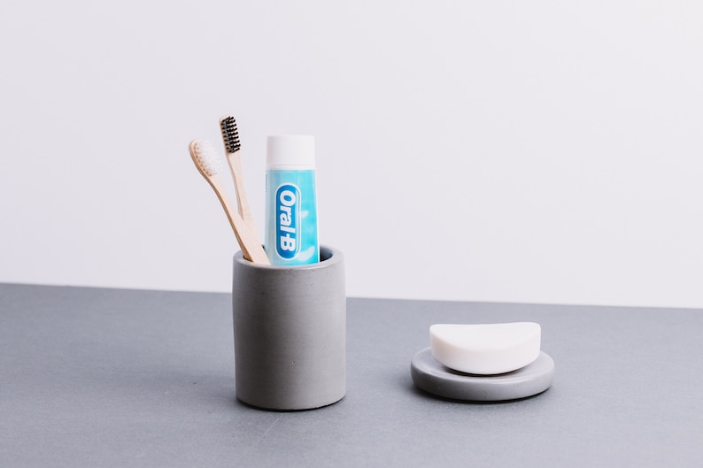 Concrete Toothbrush Holder Round Tall Minimalist Pen / Makeup Brush Cup Modern round / Cylinder Holder Stationary Storage Pot image 6