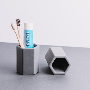 Concrete Toothbrush Holder - Hexagon | Tall Minimalist Pen / Makeup Brush Cup | Modern Hexagonal Holder | Stationary Storage | Pencil Pot