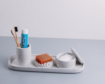 Concrete / Jesmonite / Bathroom Set / Toothbrush Holder / Soap Dish / Pot With Lid / Bathroom Tray / Bathroom Accessory