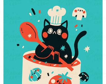 Cooking Cat | Cute Art Print | Kawaii Illustration Wall Decoration