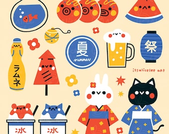 Sommerfest | Süßer japanischer Kunstdruck | Kawaii Illustration Wanddekoration