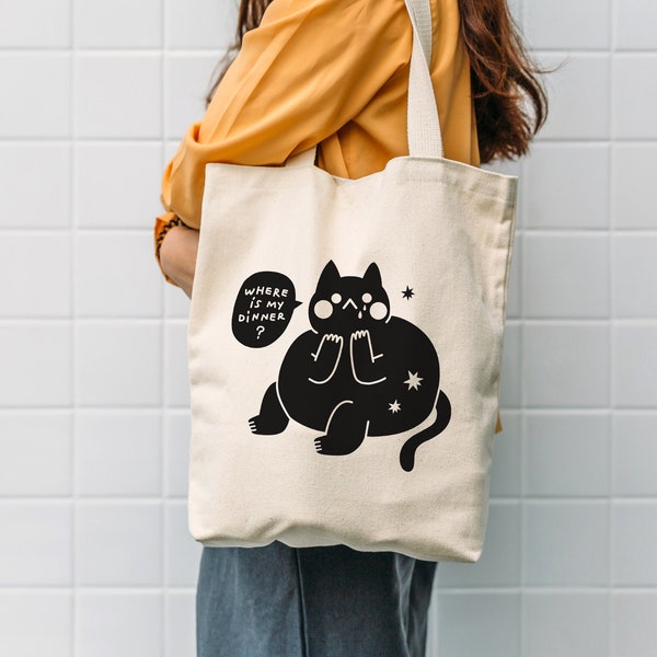 The Hungry Cat Tote Bag - 100% Heavy Canvas Bag - Handmade Screen Printed