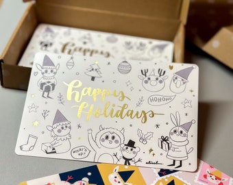 Xmas Party Cards Bundle - Gold Foil Premium Christmas Postcard Set - Kawaii Cute Holiday Postcards